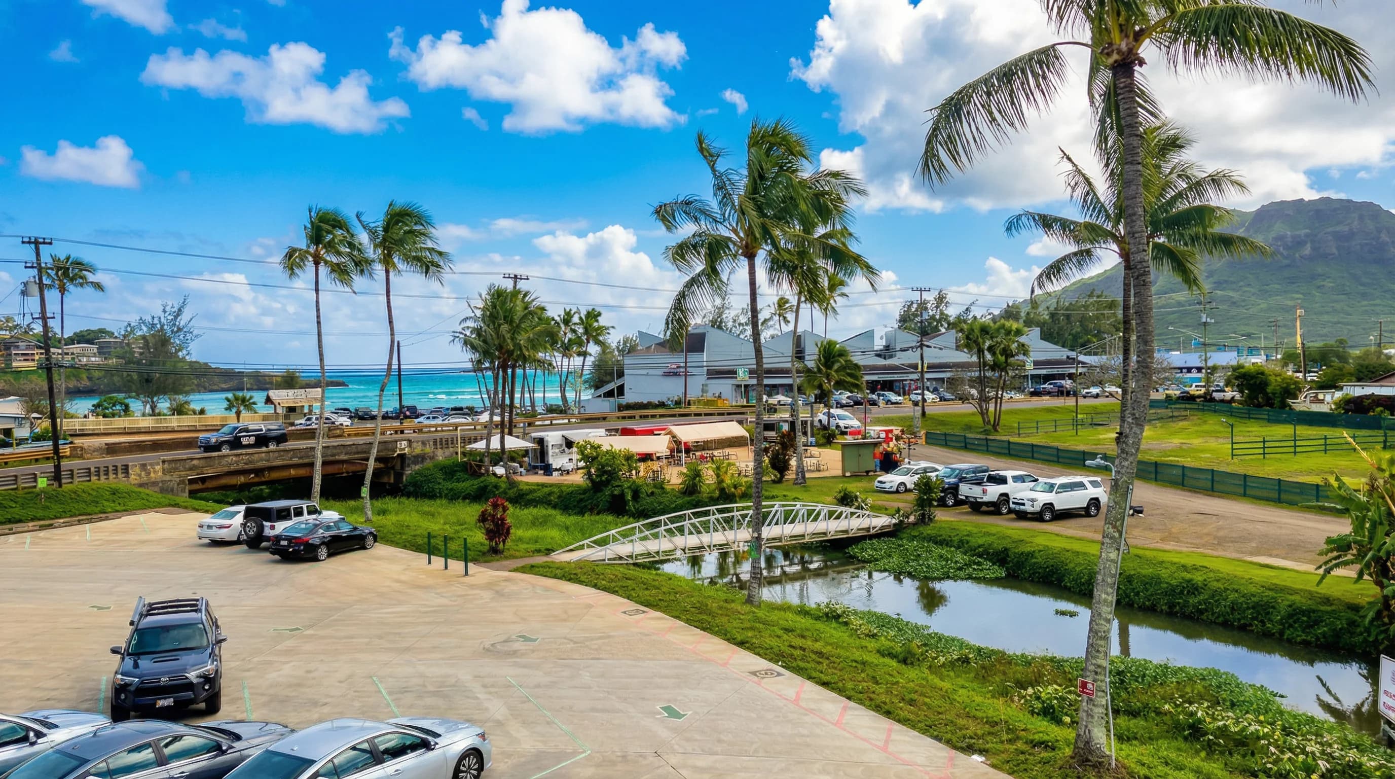 Hawaii beachside restaurant exterior with palm trees