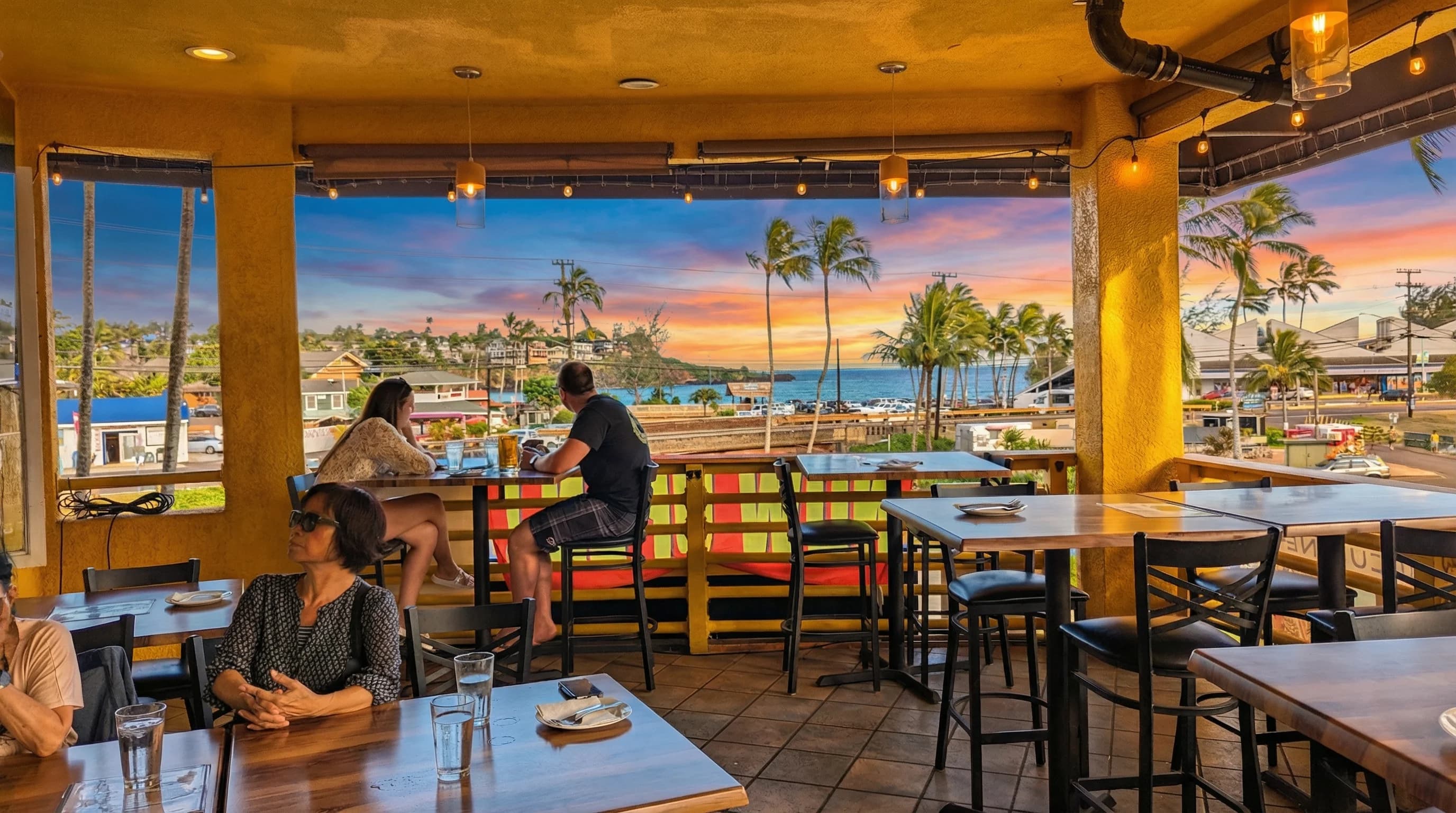 Oceanview outdoor patio dining at sunset
